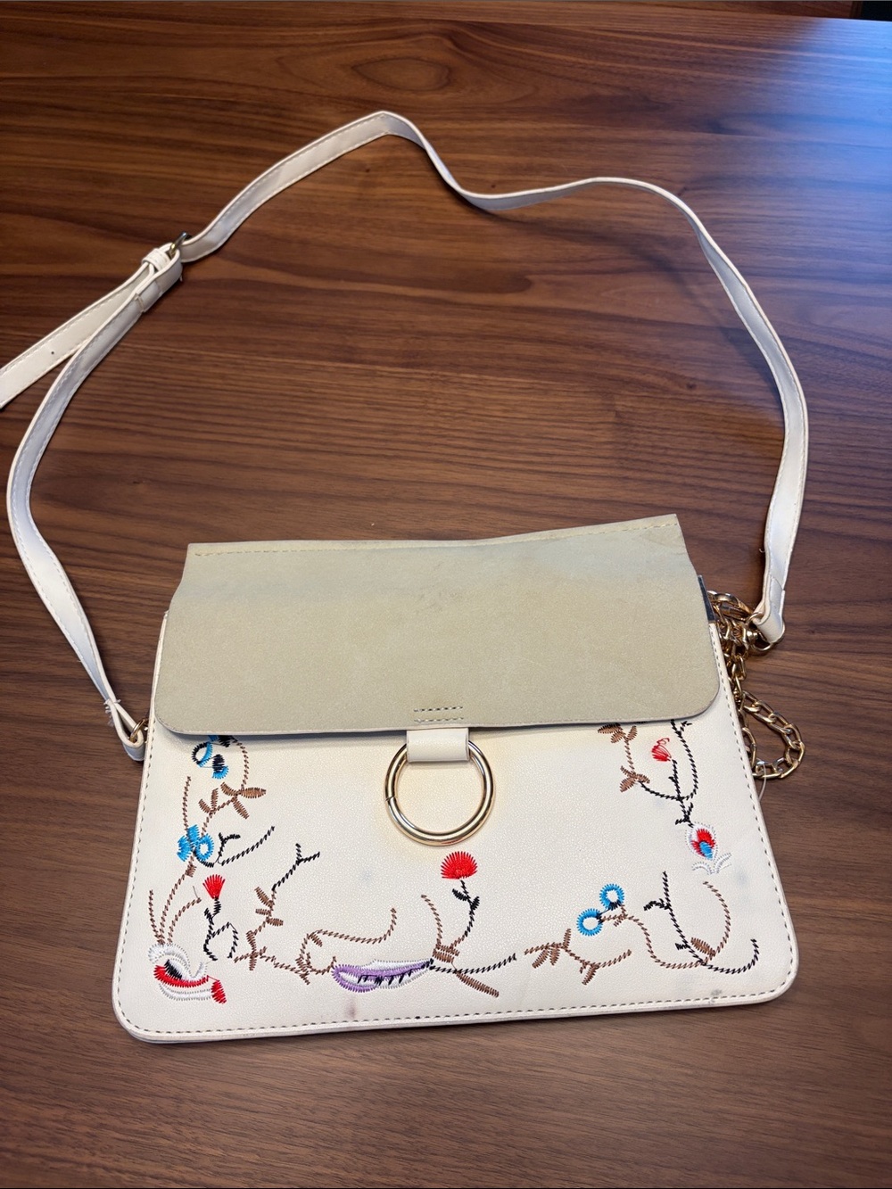 Stylish Cream Floral Embroidered Crossbody Bag